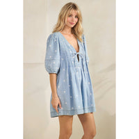 Polka Dot Pleated Denim Romper