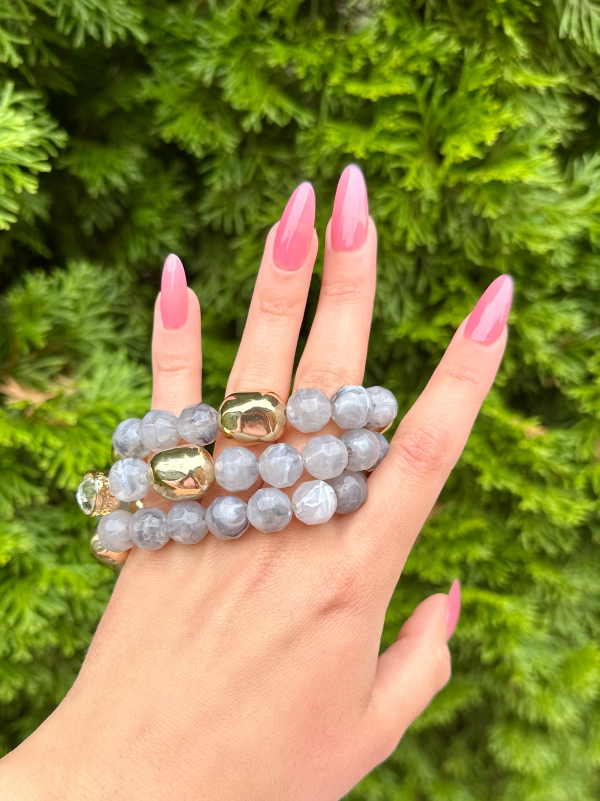 3 Row Oval Grey Stone & Beaded Bracelet