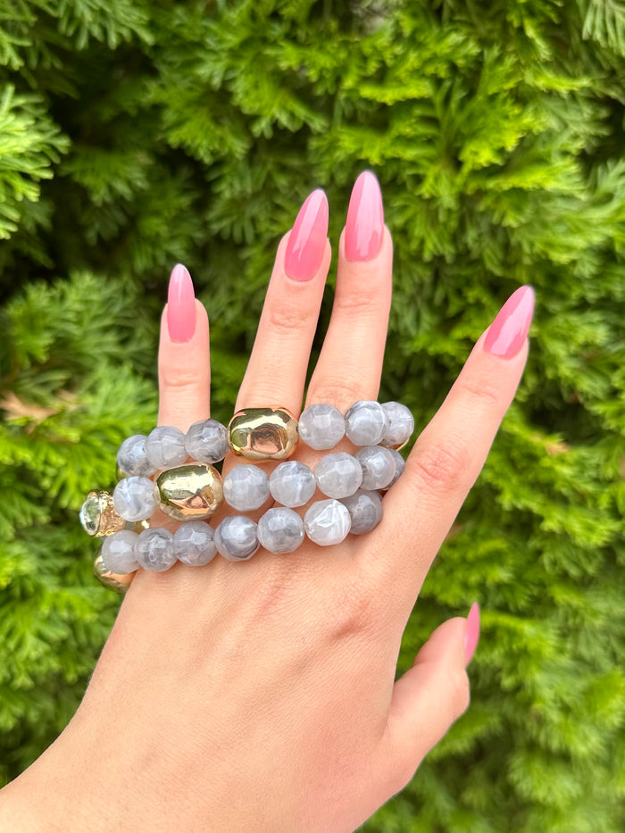 3 Row Oval Grey Stone & Beaded Bracelet