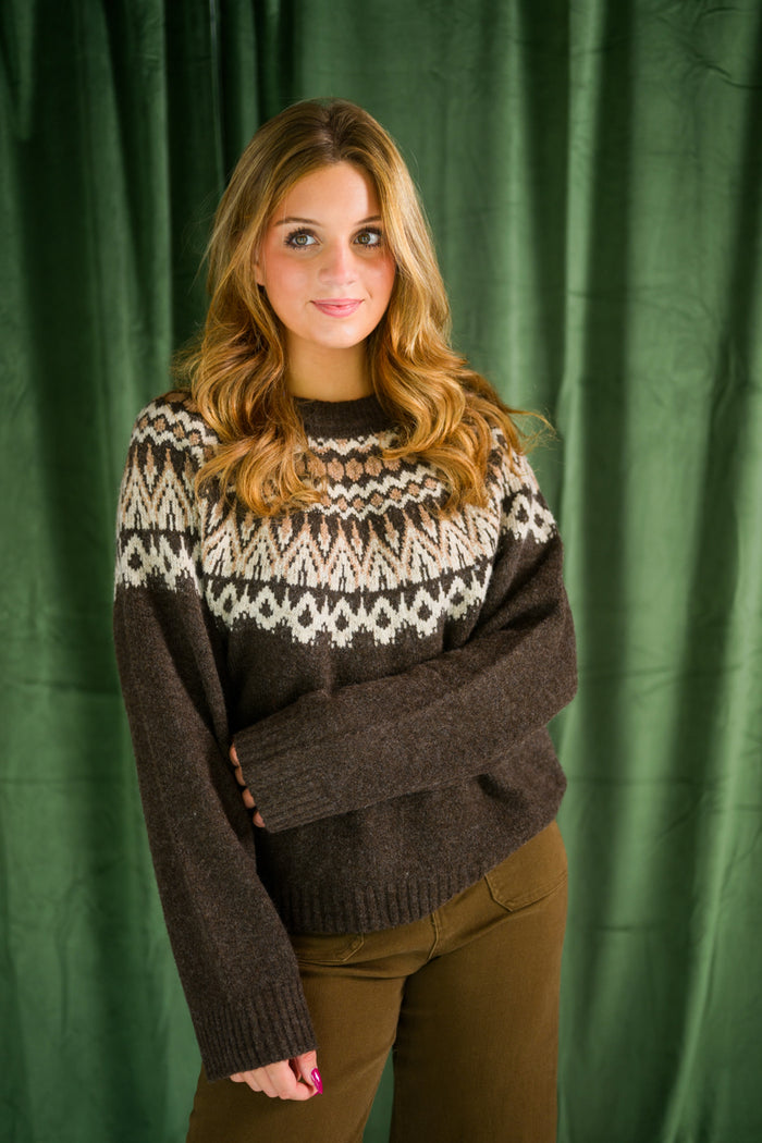 Chocolate Fair Isle Crew Sweater