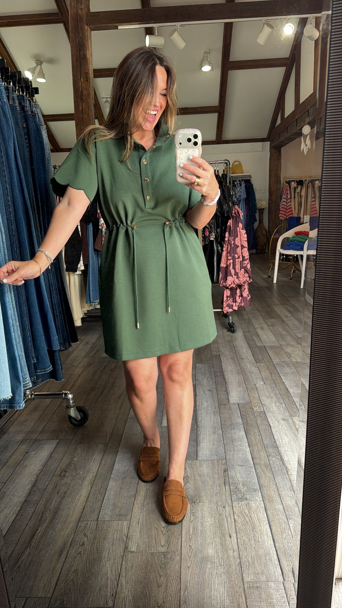 Hunter Green Scalloped Trim Dress