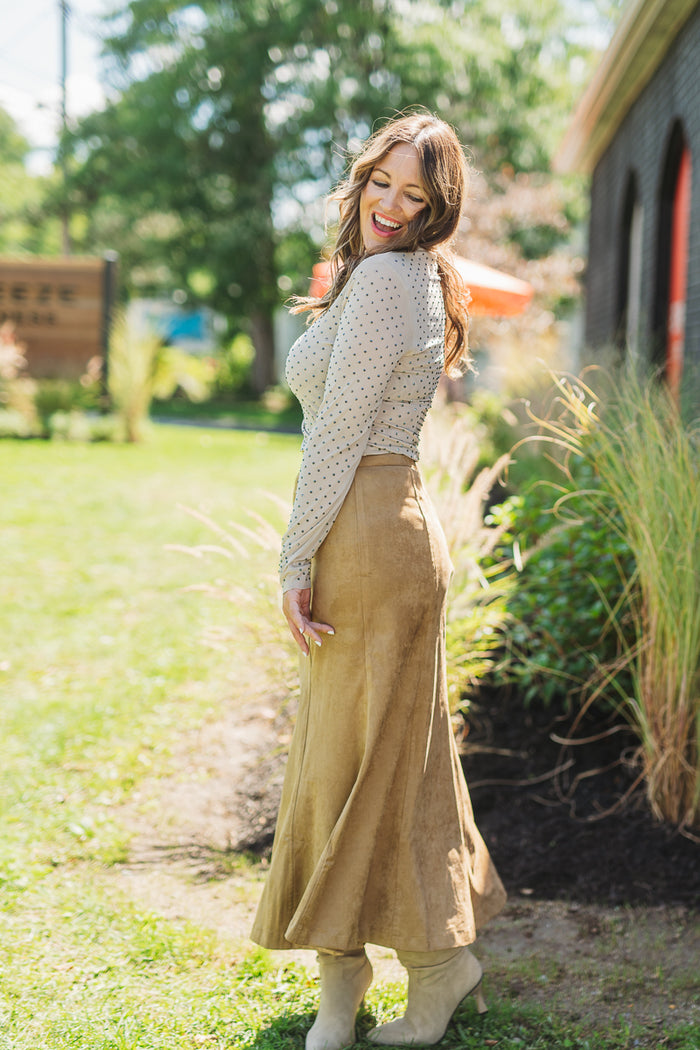 Fluted Gore Hem Suede Skirt