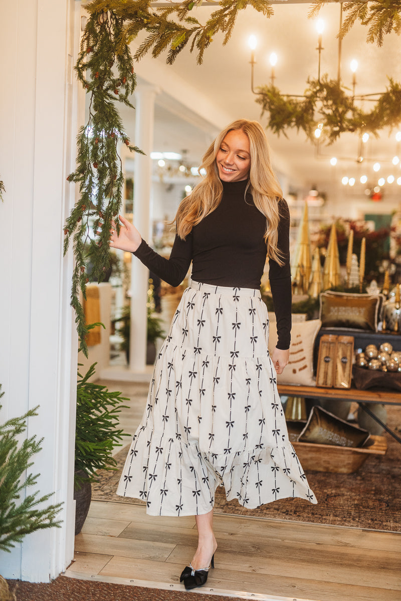 Ribbon Printed Tiered Maxi Skirt