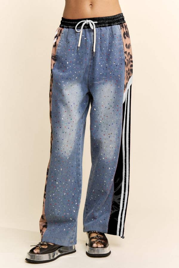 RHINESTONE JOGGERS CRYSTAL DENIM TRACK PANT