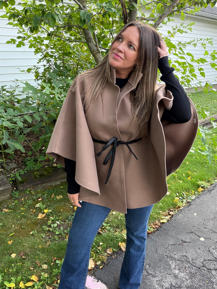 Funnel Neck Cape With Faux Leather Belt