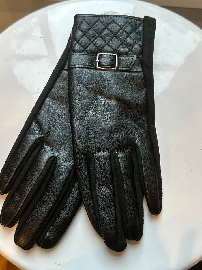 Faye Faux Leather Quilted Cuff & Strap Buckle Gloves