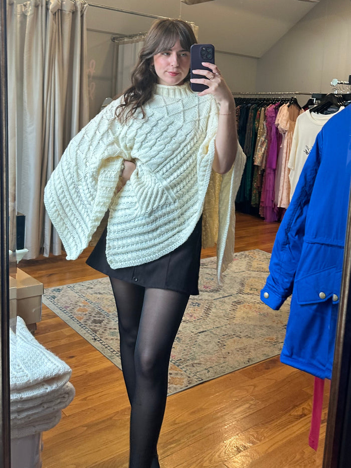 Ivory Cloud Cable Knit Mock Neck Poncho