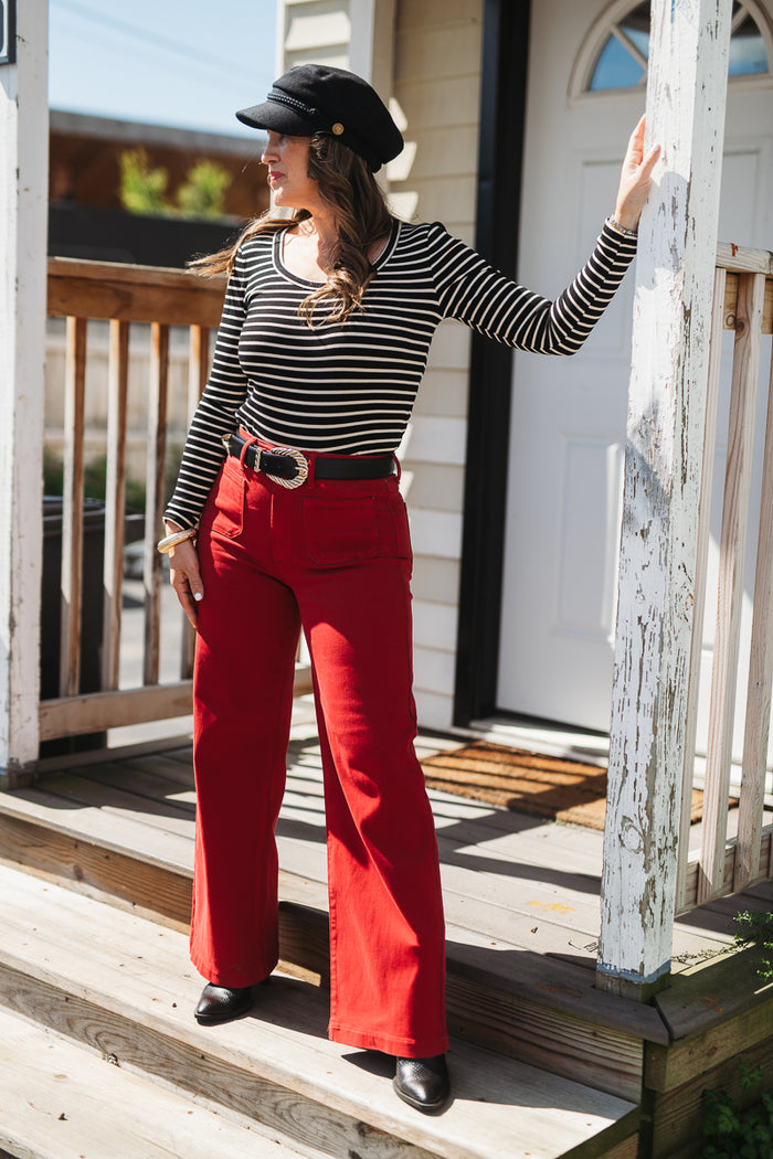 Dark Red Mini Patch Pocket Wide Jean