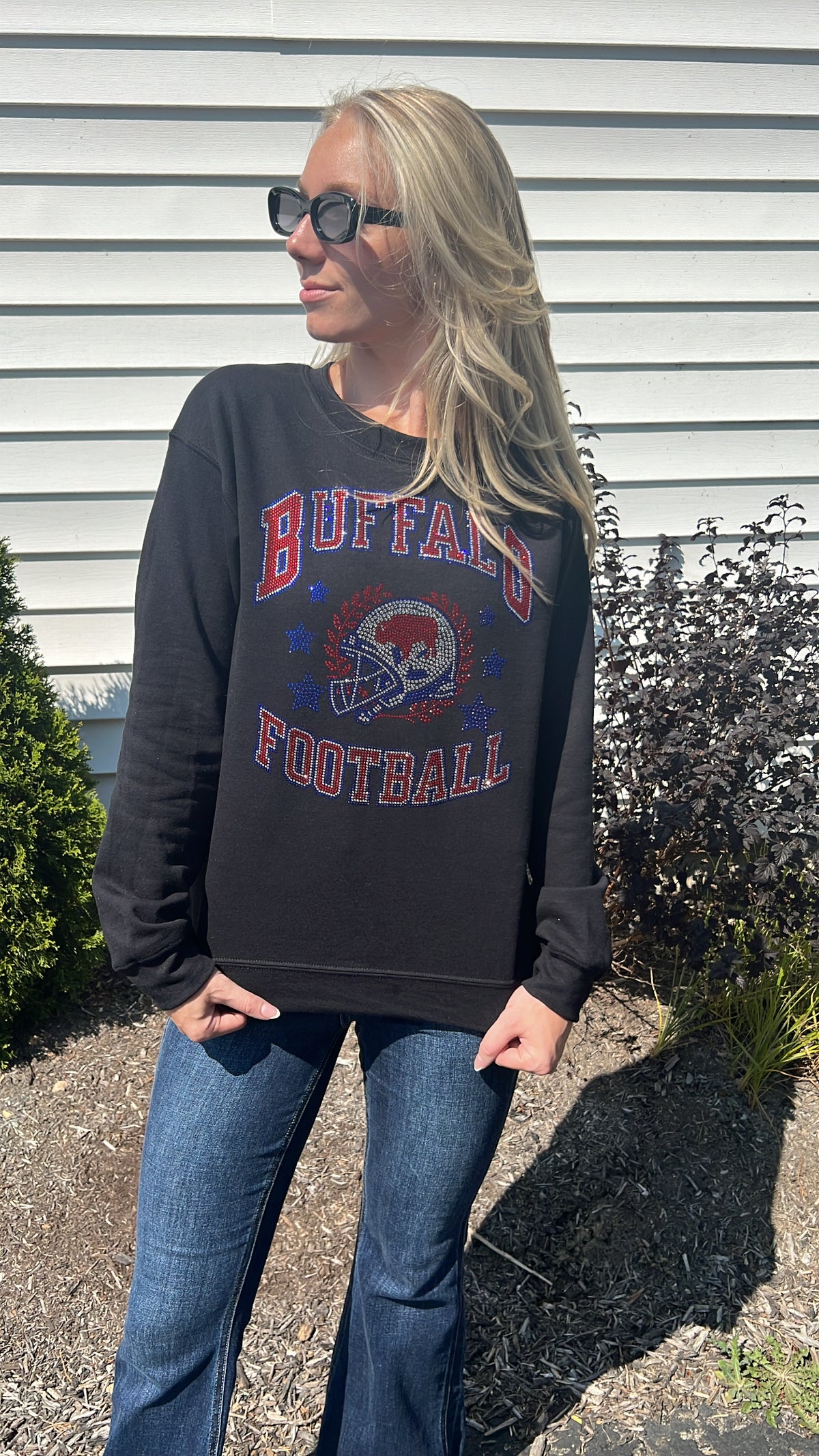 Buffalo Football Rhinestone Crewneck Sweatshirt Black