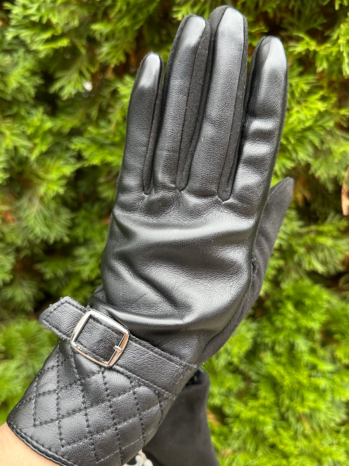 Faye Faux Leather Quilted Cuff & Strap Buckle Gloves