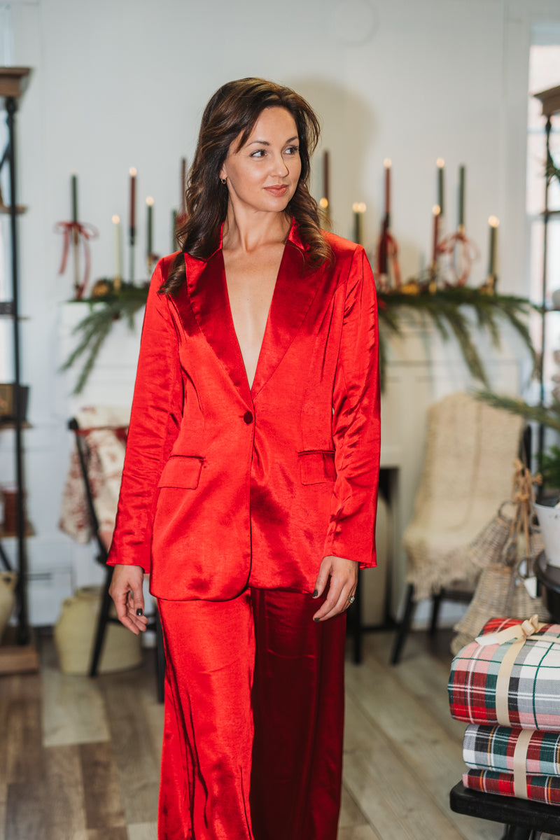 Red Satin One Button Blazer