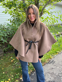 Funnel Neck Cape With Faux Leather Belt