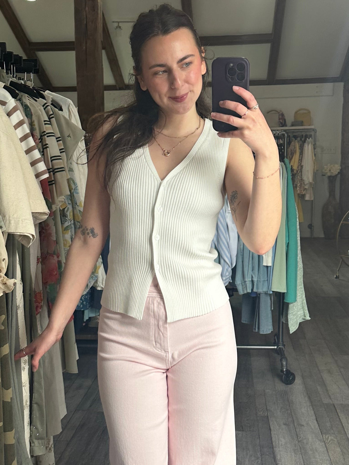 Ribbed Knit Button Sleeveless Cardigan Top White
