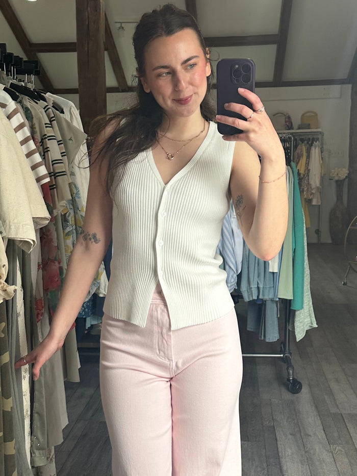 Ribbed Knit Button Sleeveless Cardigan Top White