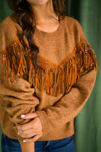 Camel Sparkle Fringe Sweater