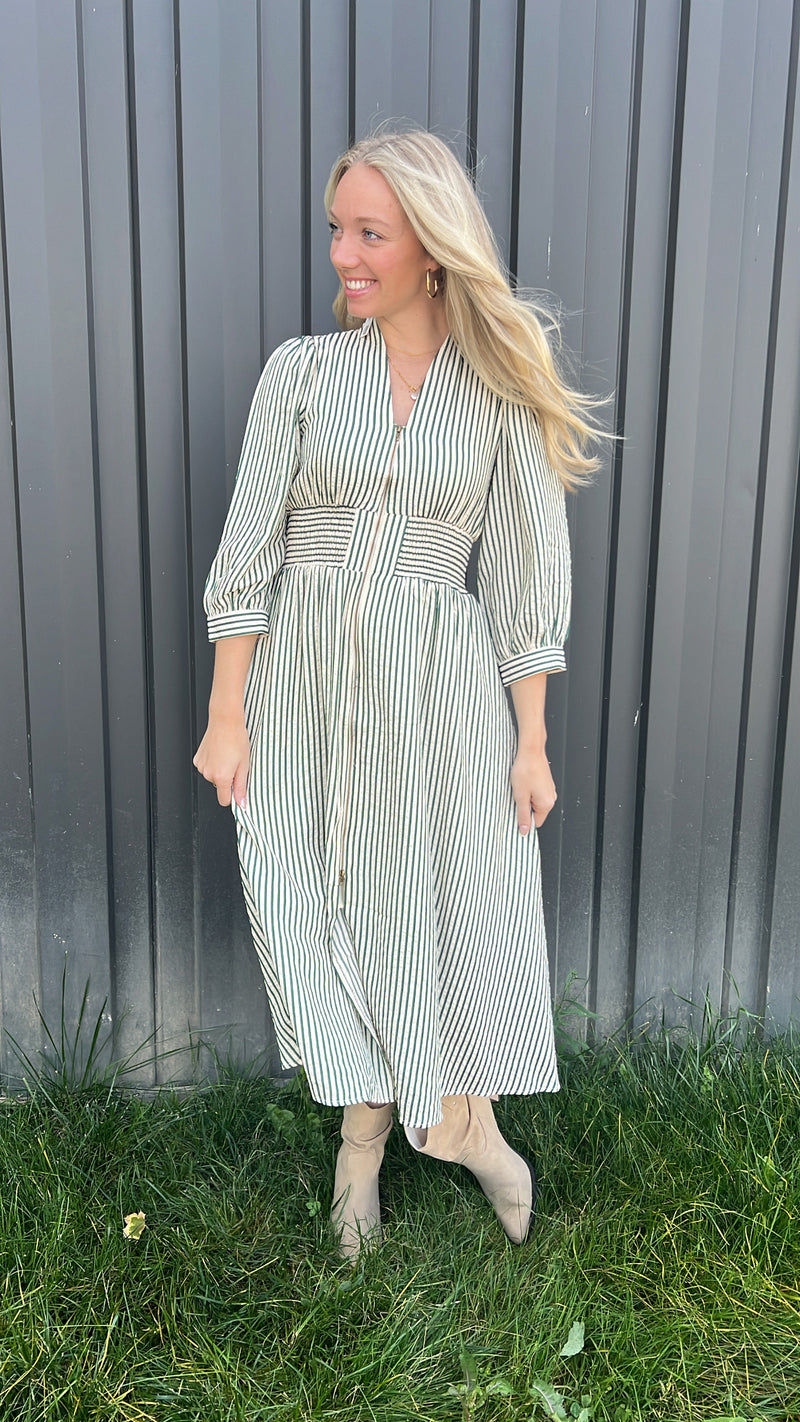 Spearmint Stripe Zipper Cinch Waist L/S Dress