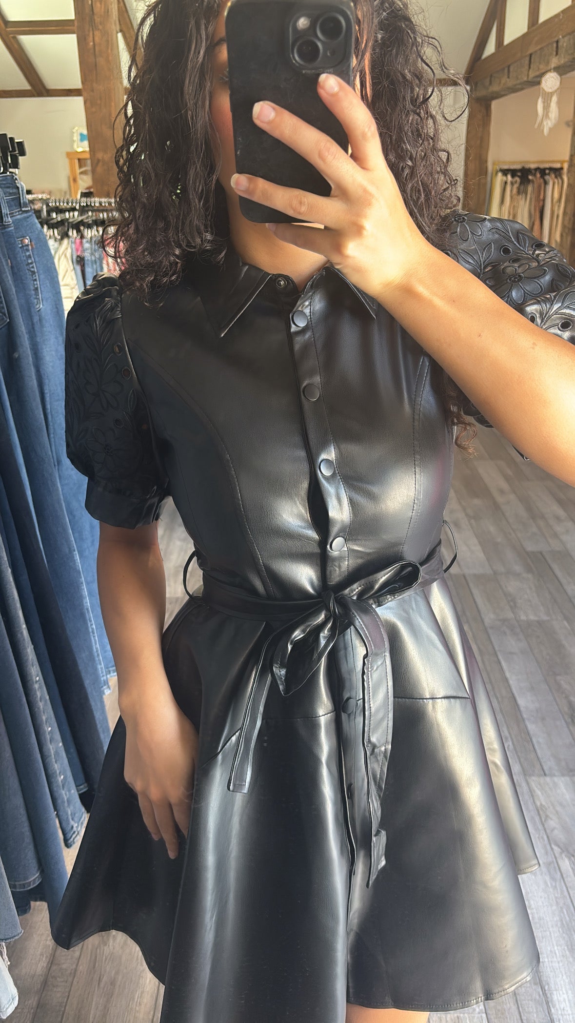 Black Night Faux Leather Button Dress With Eyelet Cutout Sleeve