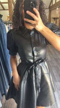Black Night Faux Leather Button Dress With Eyelet Cutout Sleeve