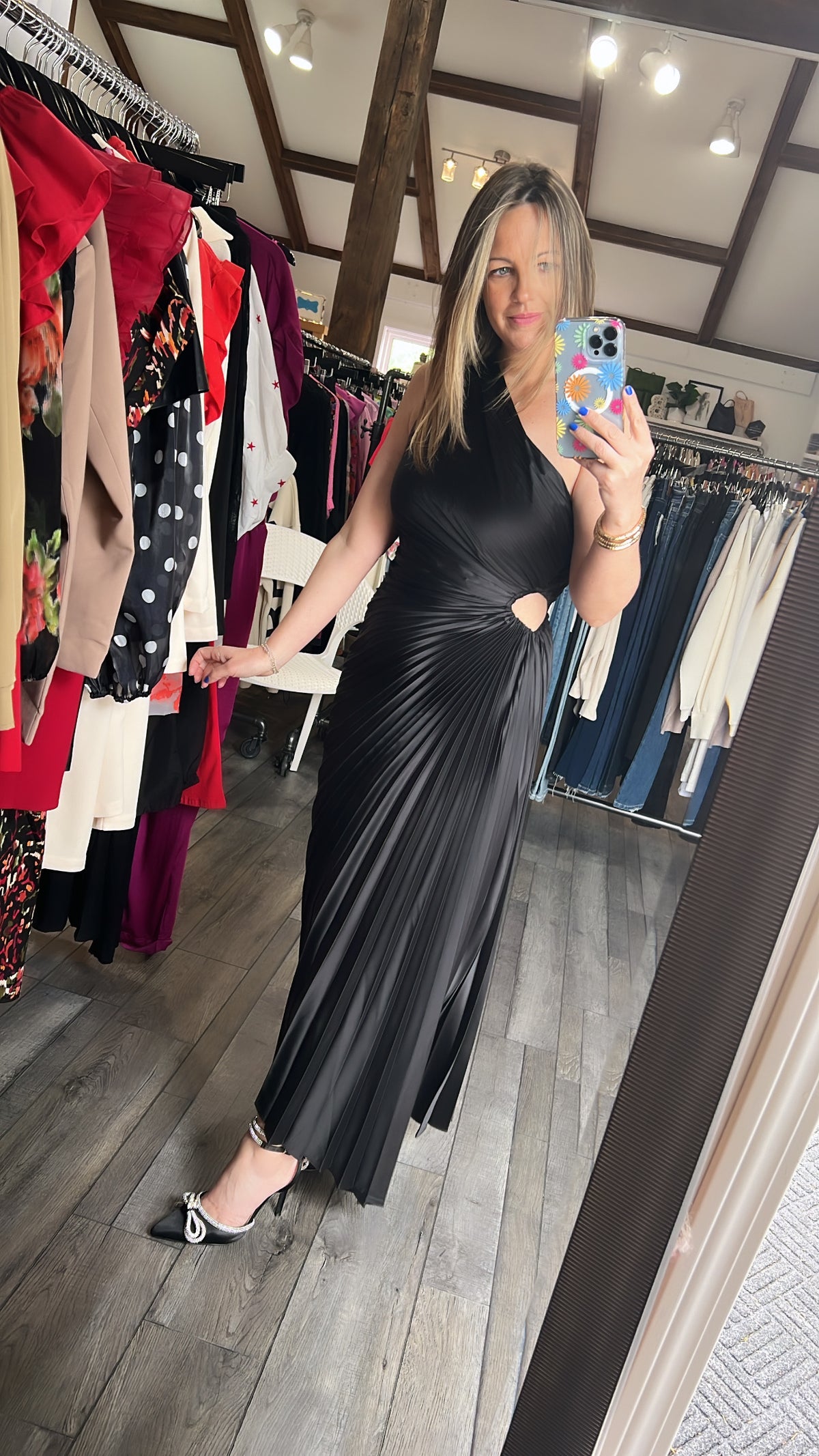 Fresco Black One Shoulder Pleat Dress