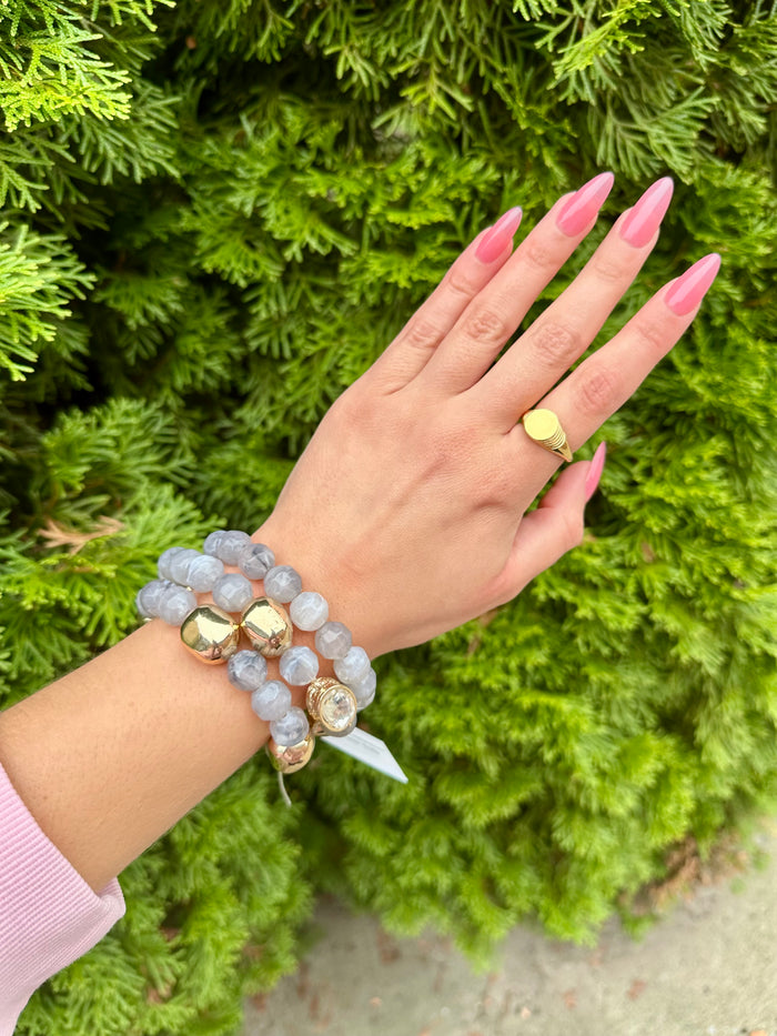 3 Row Oval Grey Stone & Beaded Bracelet