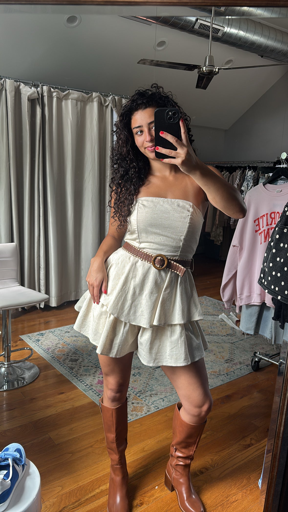 Linen Ruffle Mini Dress With Belt