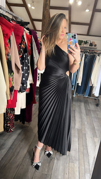 Fresco Black One Shoulder Pleat Dress