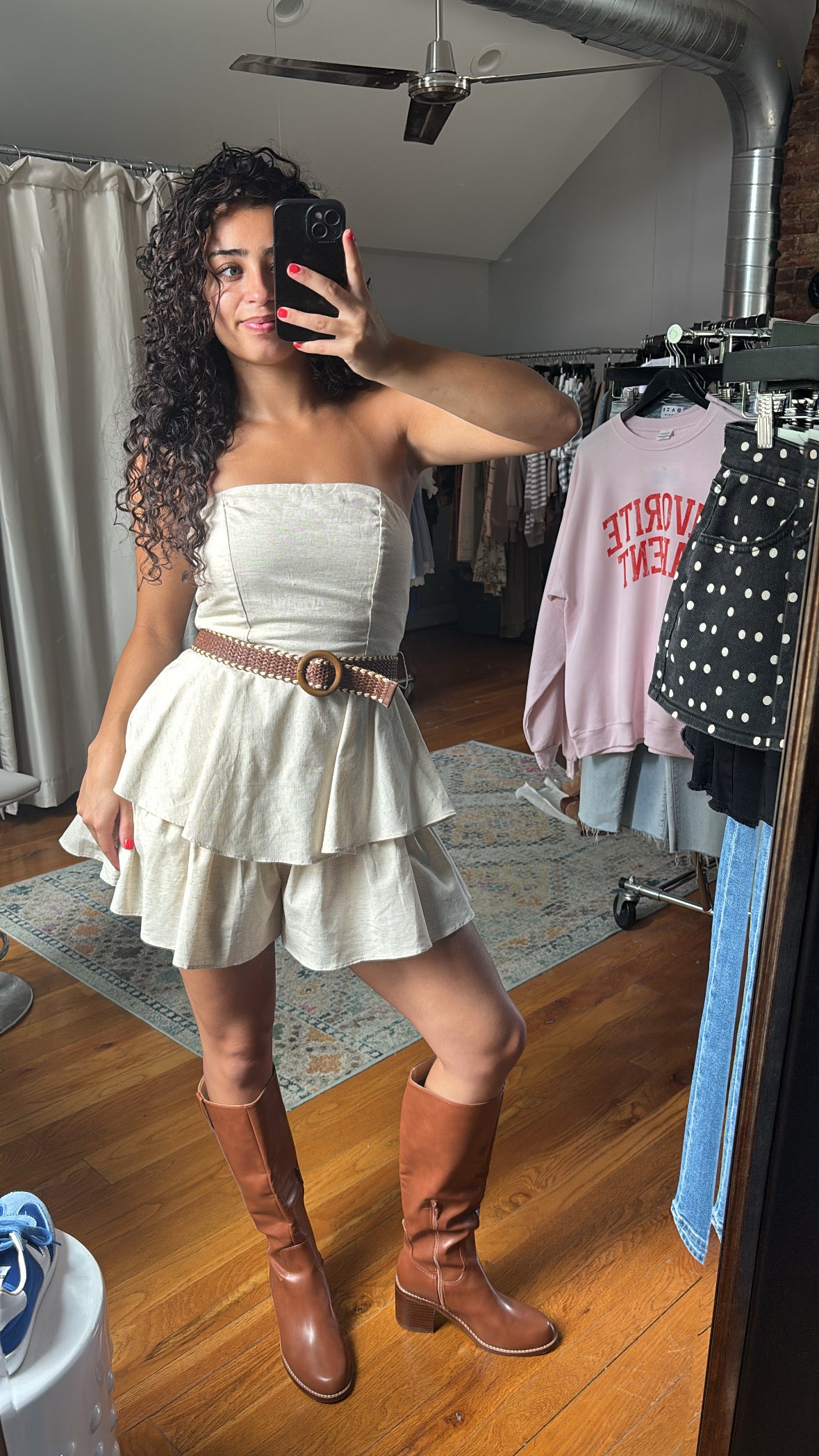 Linen Ruffle Mini Dress With Belt