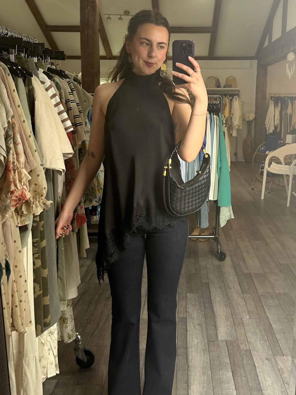 Black Lace Trim Asymmetrical Hem Top