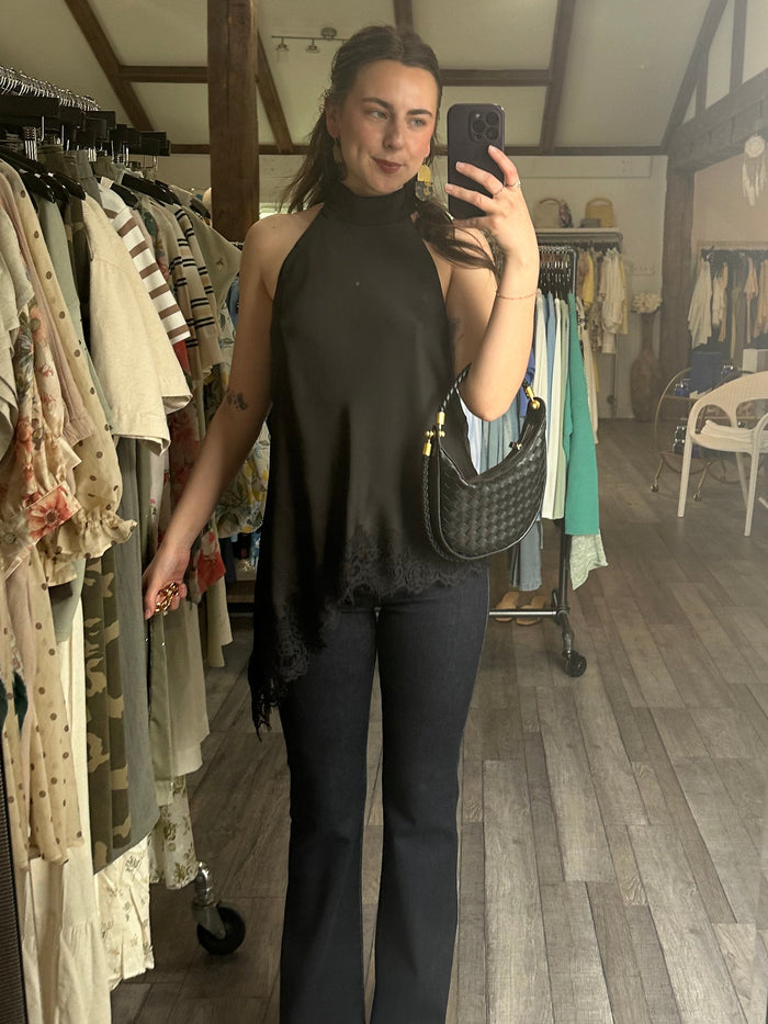 Black Lace Trim Asymmetrical Hem Top