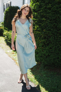 Sage Tie Lace Trim Slip Dress