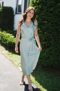 Sage Tie Lace Trim Slip Dress