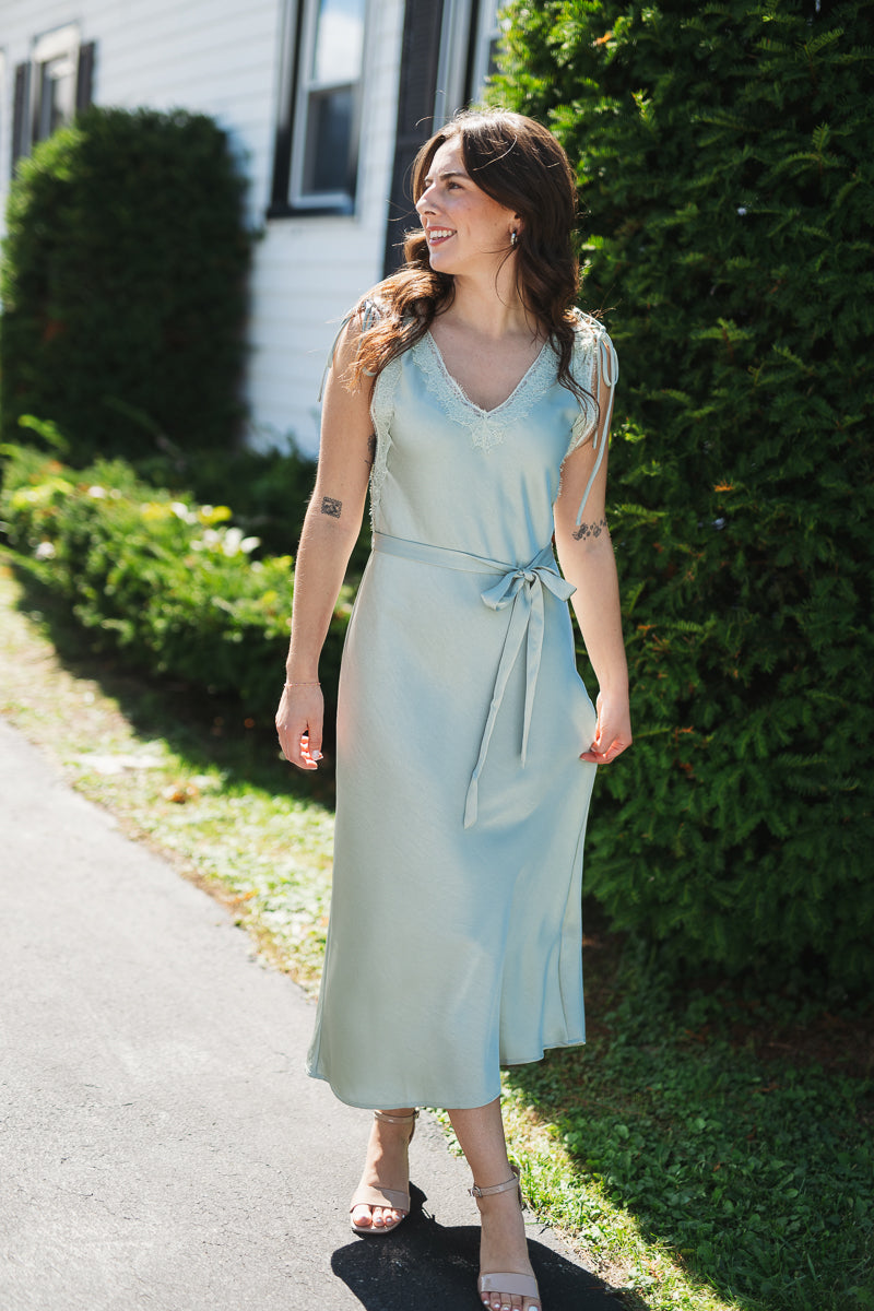 Sage Tie Lace Trim Slip Dress