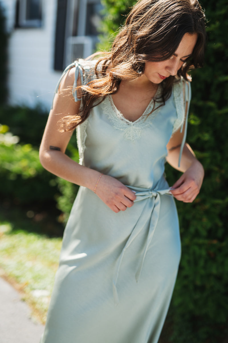Sage Tie Lace Trim Slip Dress