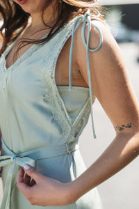 Sage Tie Lace Trim Slip Dress