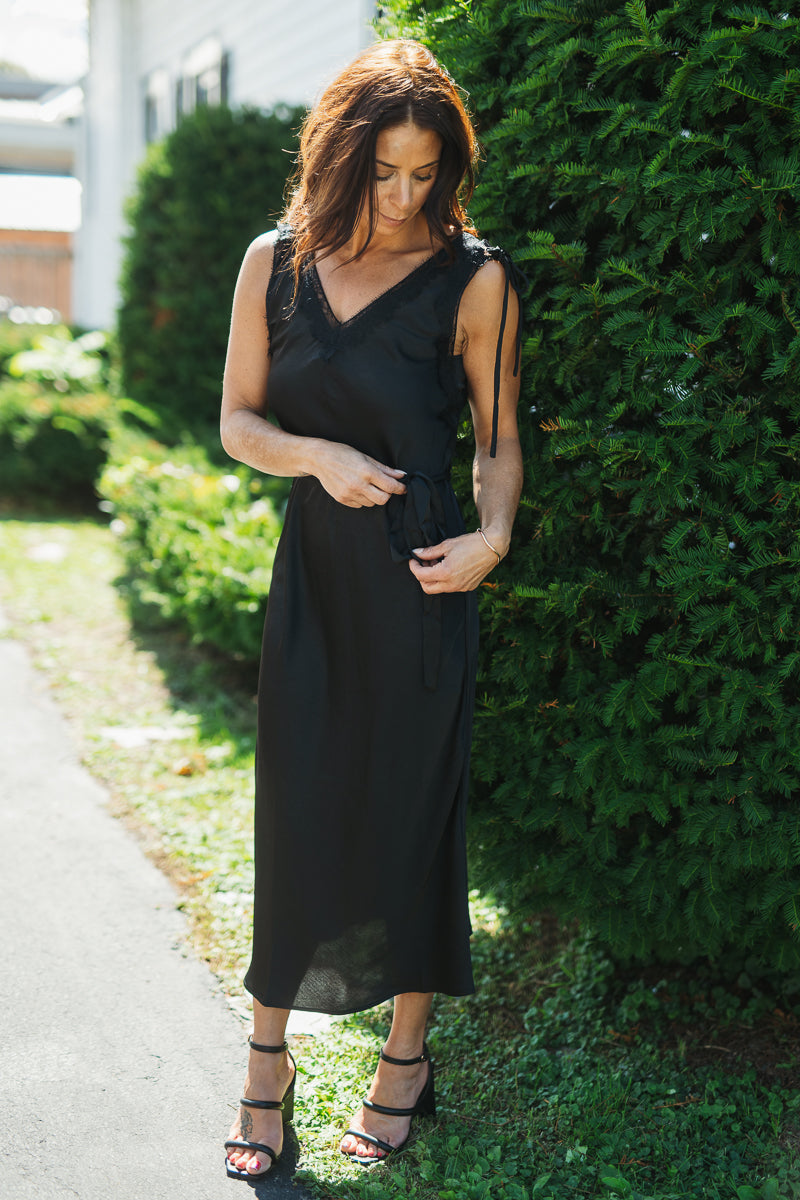 Black Tie Lace Trim Slip Dress