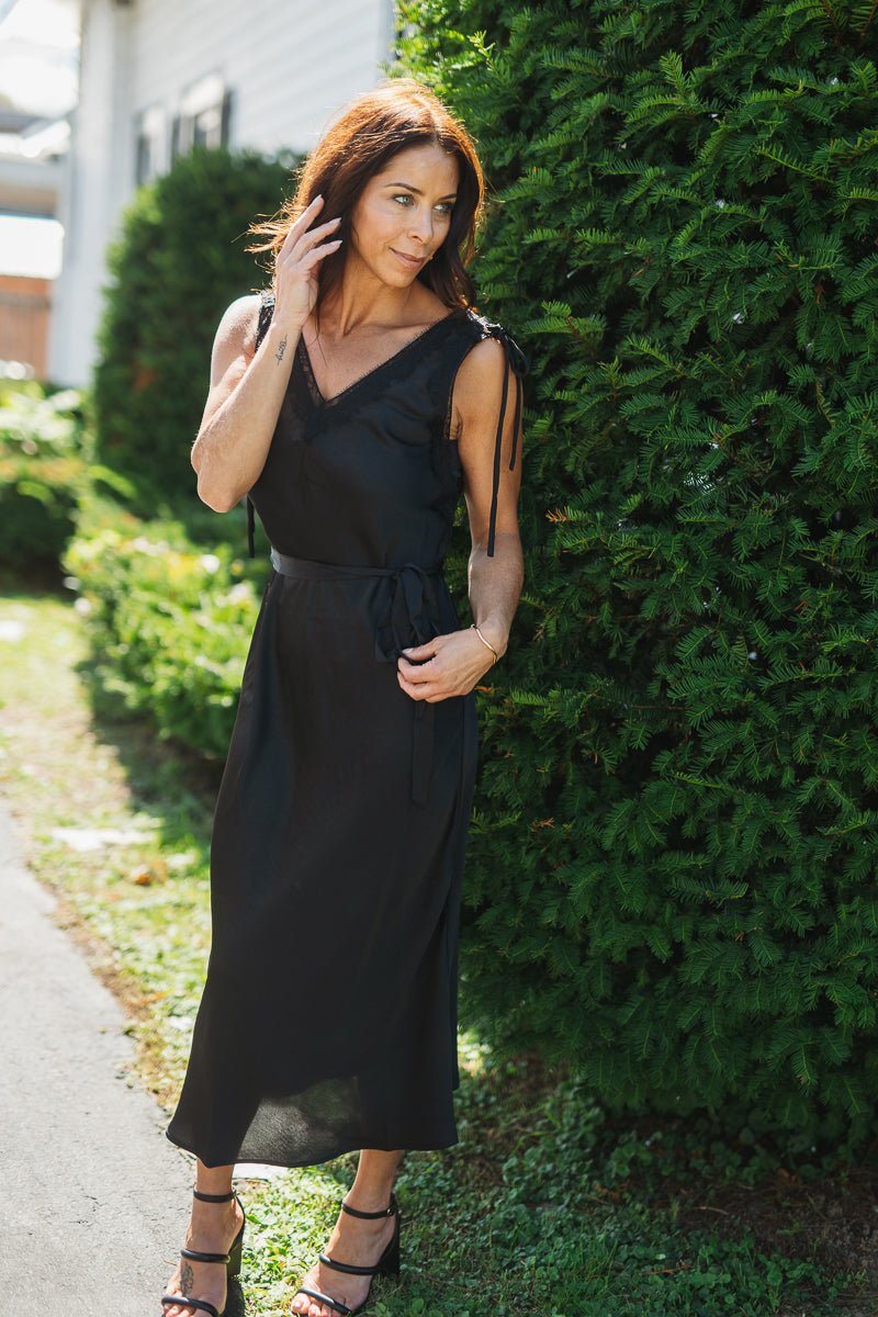 Black Tie Lace Trim Slip Dress