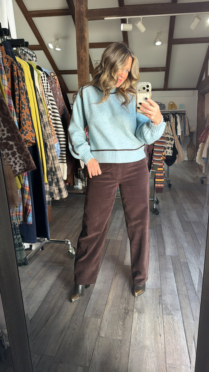 Baby Blue Sweater With Brown Trim