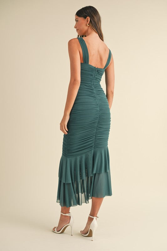 Teal Ruched Mesh Fish Tale Dress