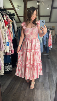 Strawberry Sweetheart Smocked Midi Dress