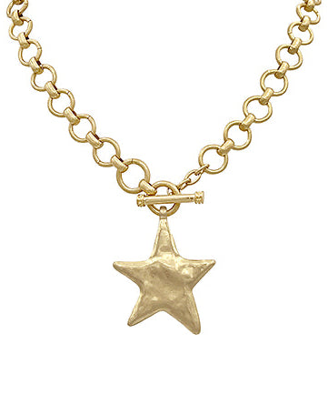 Star Hammered Toggle Necklace Vintage Gold