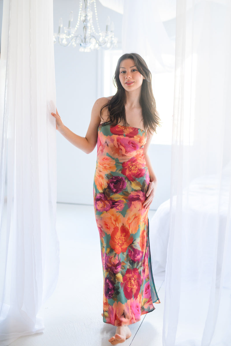 Parisian Floral Satin Tube Dress