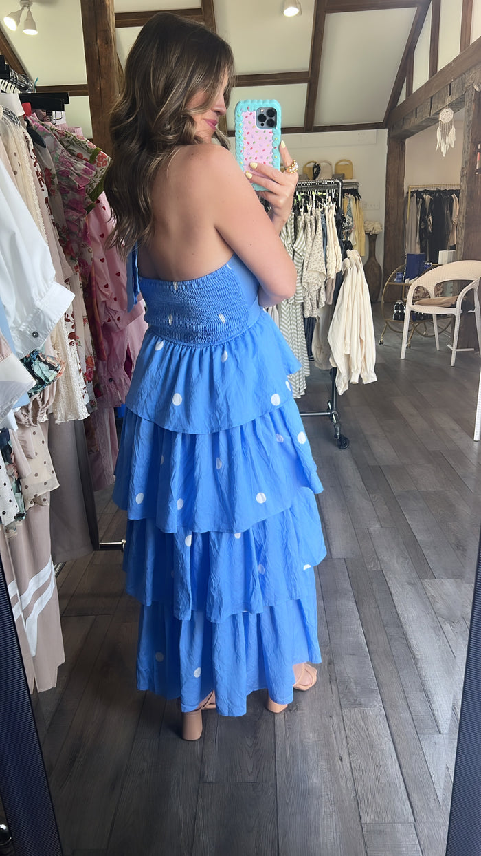 Sky Polka Dot Halter Tier Dress