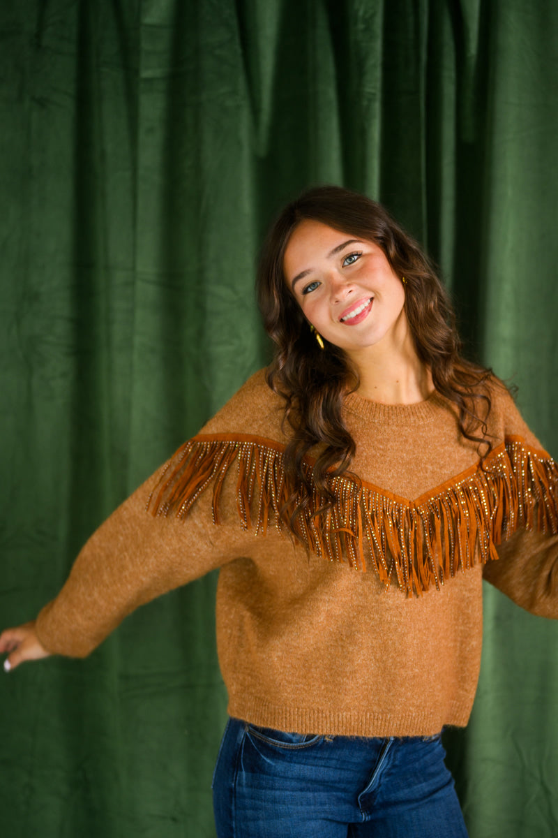 Camel Sparkle Fringe Sweater