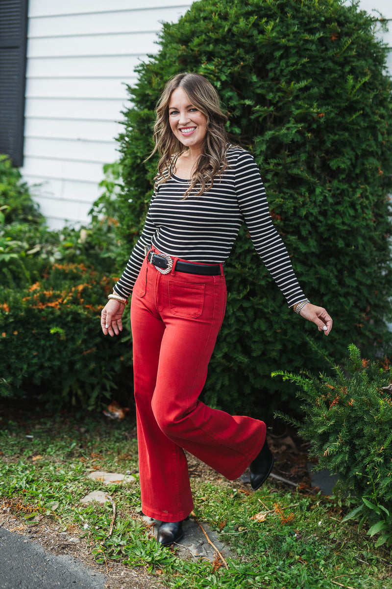 Dark Red Mini Patch Pocket Wide Jean