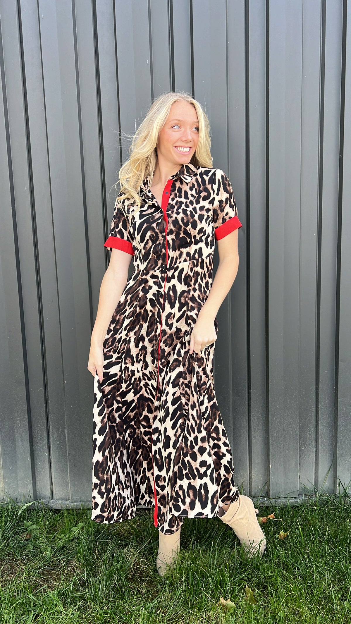 Maxi Leopard Button-Down Dress with Red Details