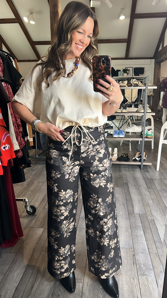 Cream Cotton Sateen Drawstring Top