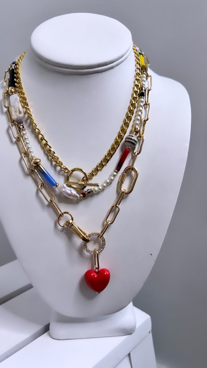 Red Heart Charm Carabiner Chain Necklace