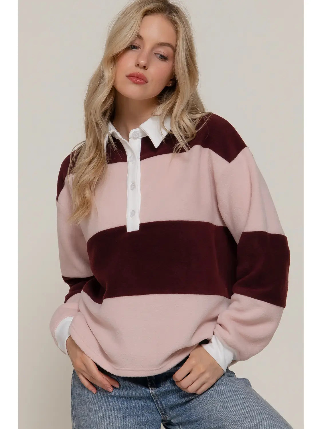 Rugby Stripe Fleece Polo Top