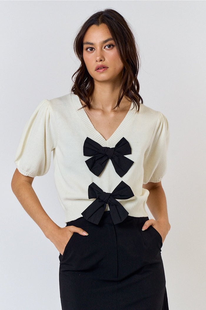 Ivory Bow Puff Sleeve Sweater