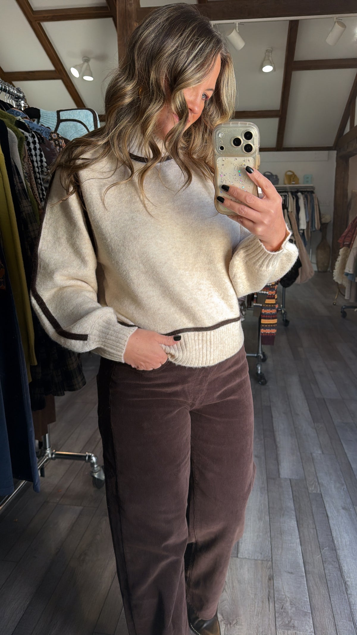 Oatmeal Sweater With Brown Trim